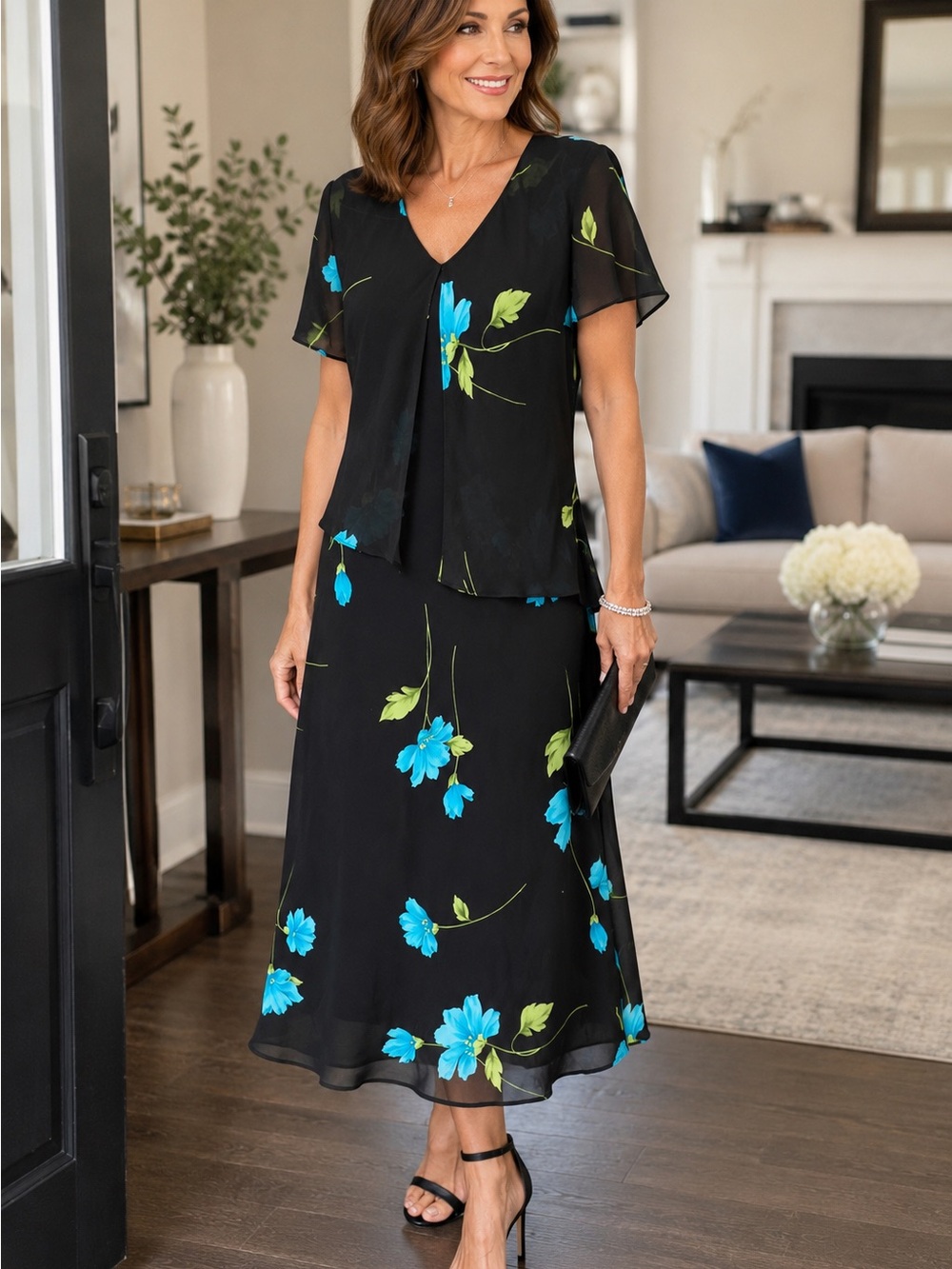 Studio I Petite Black Blue Floral Overlay Dress Size 8P Sheer Chiffon Midi Maxi